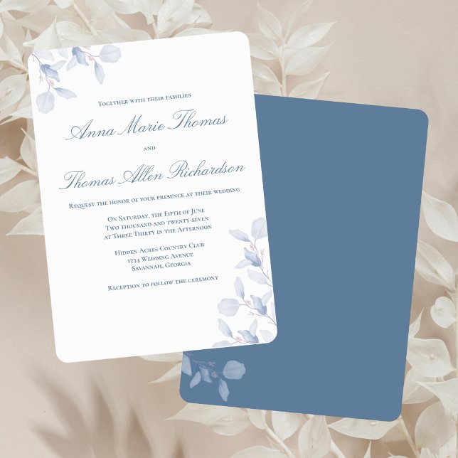 Dusty Blue Botanical Elegant Minimalist Wedding Einladung (Dusty blue floral wedding invitation with rounded corners on soft neutral linen.)