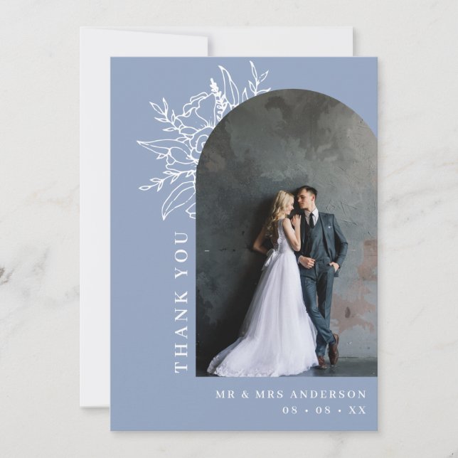 Dusty Blue Botanical Floral Arch Foto Hochzeit Dankeskarte (Vorderseite)