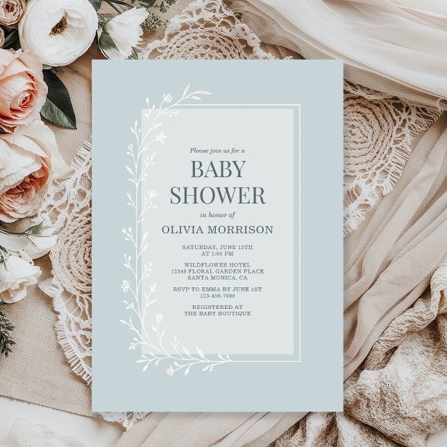 Dusty Blue Botanical Floral Baby Shower Einladung (Von Creator hochgeladen)