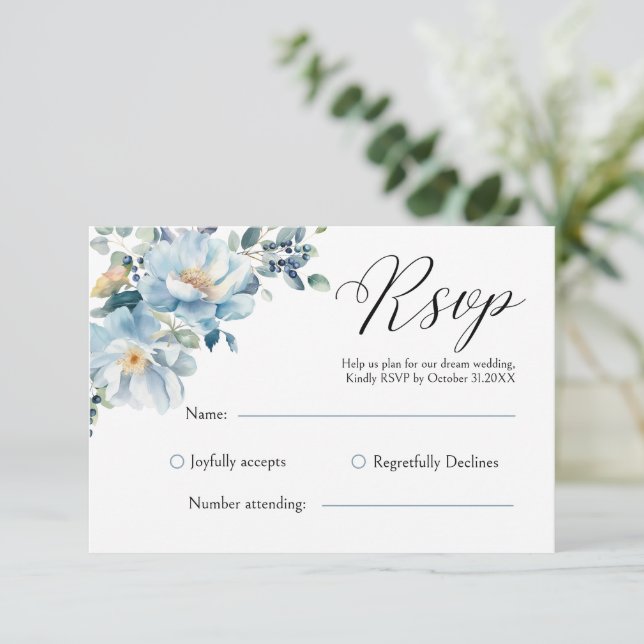 Dusty Blue Botanical Floral RSVP Card (Stehend Vorderseite)