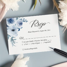 Dusty Blue Botanical Floral Wedding RSVP Karte
