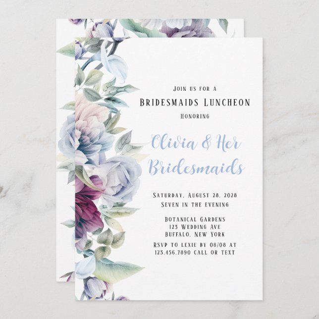 Dusty Blue Botanical Florals Bridesmaids Luncheon Einladung (Vorne/Hinten)