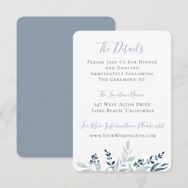 Dusty Blue Botanical Foliage Wedding Details Einladung (Vorne/Hinten)