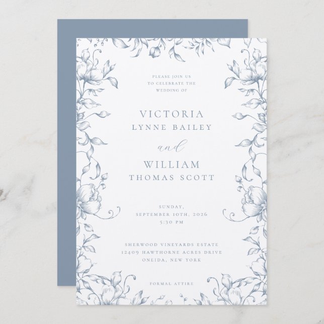 Dusty Blue Botanical Garden Floral Wedding Einladung (Vorne/Hinten)