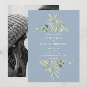 Dusty Blue Botanical Greenerity Foto Wedding Invit Einladung