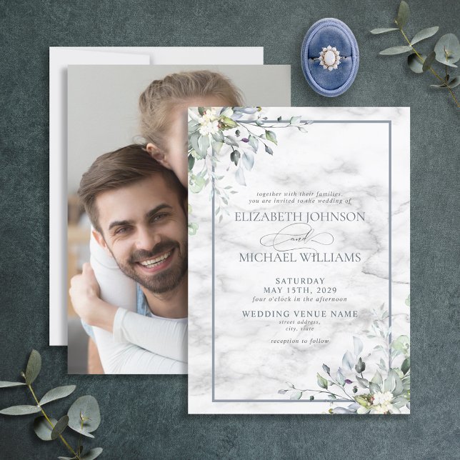 Dusty Blue Botanical Greenerity Marble Foto Weddin Einladung (Von Creator hochgeladen)