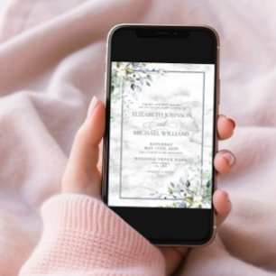 Dusty Blue Botanical Greenerity Marble Foto Weddin Einladung