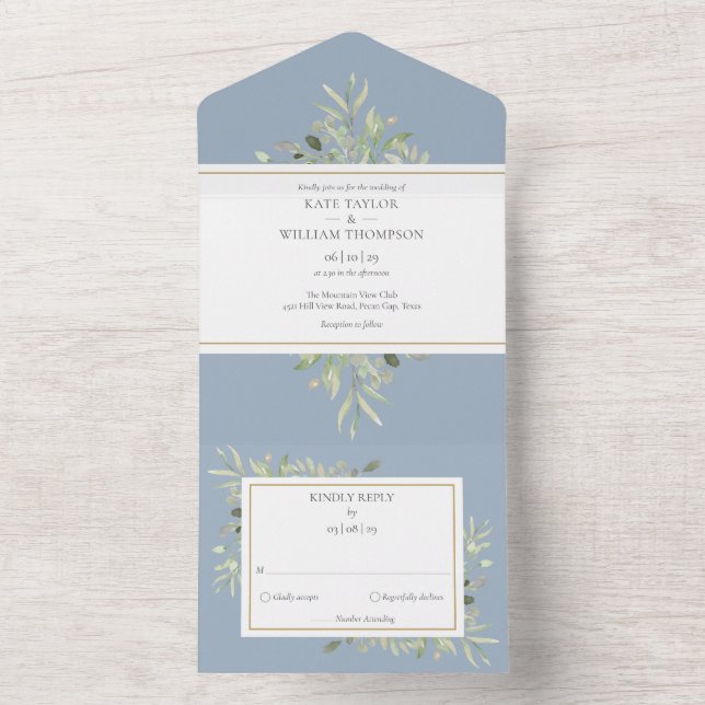 Dusty Blue Botanical Greenerity Wedding All In One Einladung (Innen Boden)