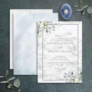 Dusty Blue Botanical Greenerity White Marble Weddi Einladung