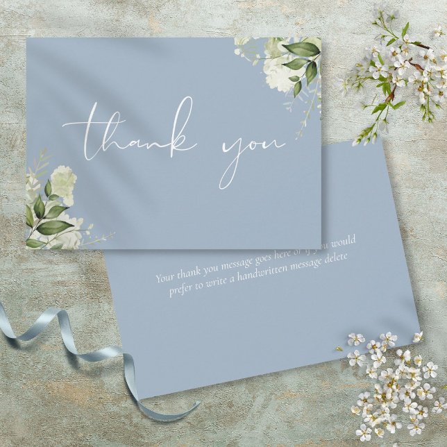 Dusty Blue Botanical Greenery Elegantes Skript Dankeskarte (Dusty Blue Botanical Greenery Elegant Script Thank You Card)