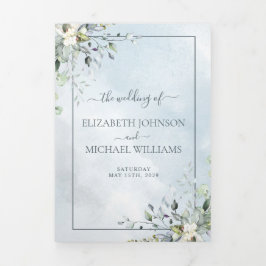 Dusty Blue Botanical Greenery Wasserfarbskript Dreifach Gefaltete Einladung