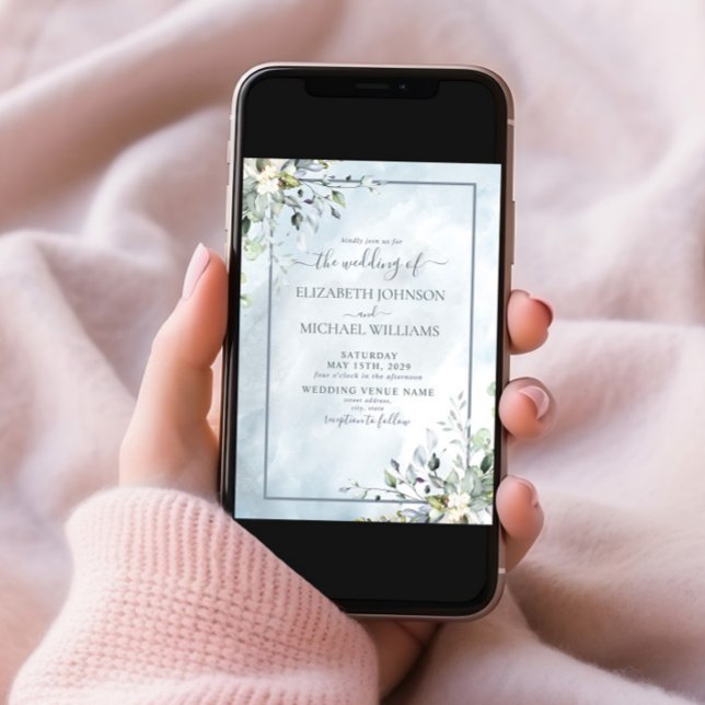 Dusty Blue Botanical Greenery Wasserfarbskript Einladung (Von Creator hochgeladen)