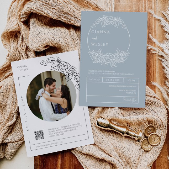 Dusty Blue Botanical Line Art Boho QR Code Foto Einladung (Von Creator hochgeladen)