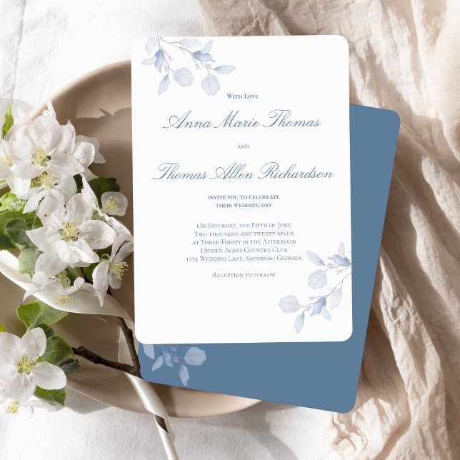 Dusty Blue Botanical Modern Script Wedding Invite Einladung (Dusty blue botanical wedding invitation with modern script and soft floral accents)