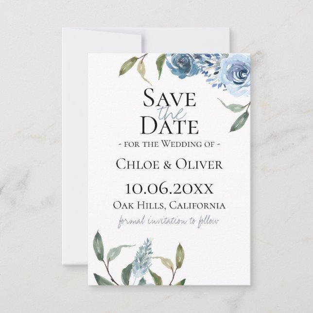 Dusty Blue Botanical Save the Date Ankündigung (Vorderseite)