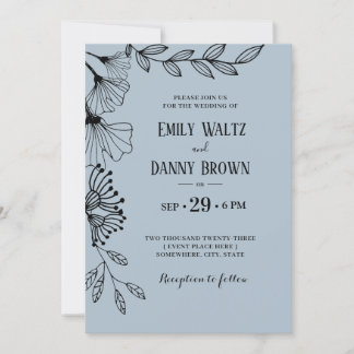 Dusty Blue Botanical Simple Doodle Floral Wedding Einladung
