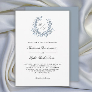 Dusty Blue Botanical Wappen Monogram Wedding Einladung
