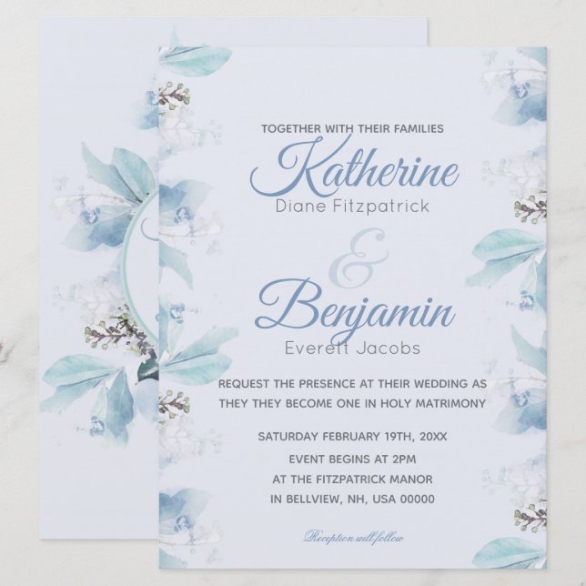 Dusty Blue Botanical Watercolor Wedding Einladung (Vorne/Hinten)