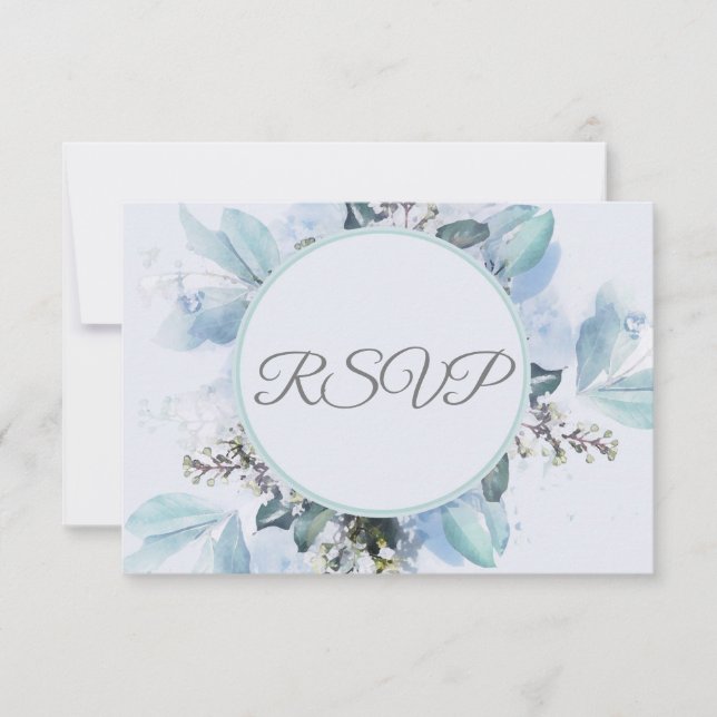 Dusty Blue Botanical Watercolor Wedding RSVP Karte (Vorderseite)