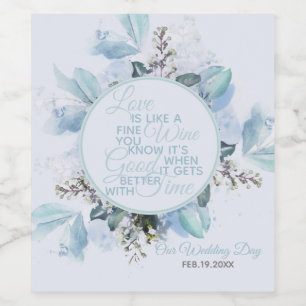 Dusty Blue Botanical Watercolor Wedding Weinetikett