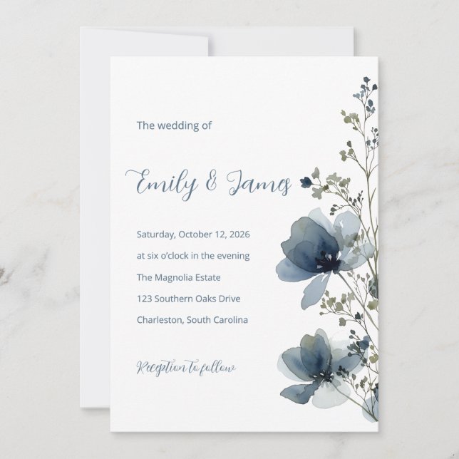 Dusty Blue Botanical Wedding Einladung (Vorderseite)