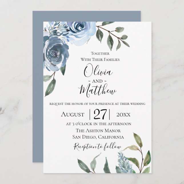 Dusty Blue Botanical Wedding Einladung (Vorne/Hinten)
