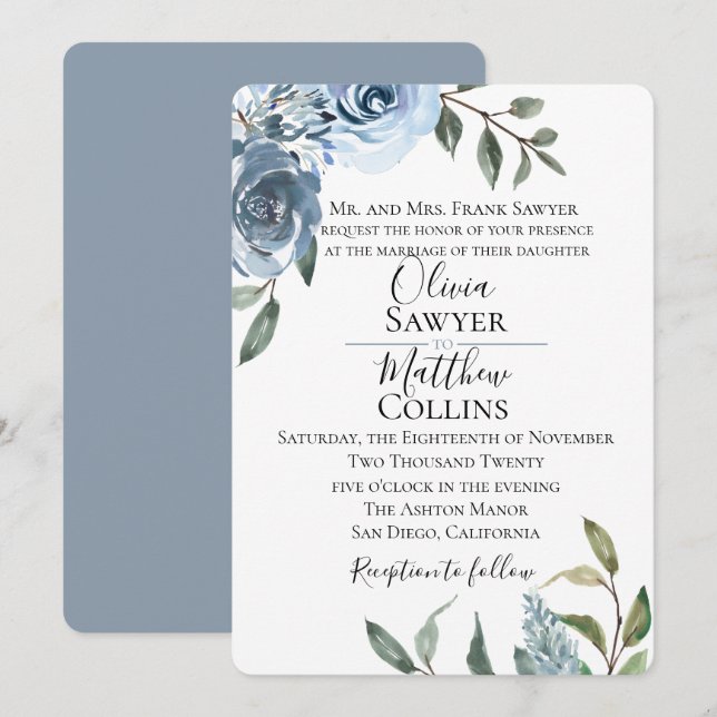 Dusty Blue Botanical Wedding Einladung (Vorne/Hinten)