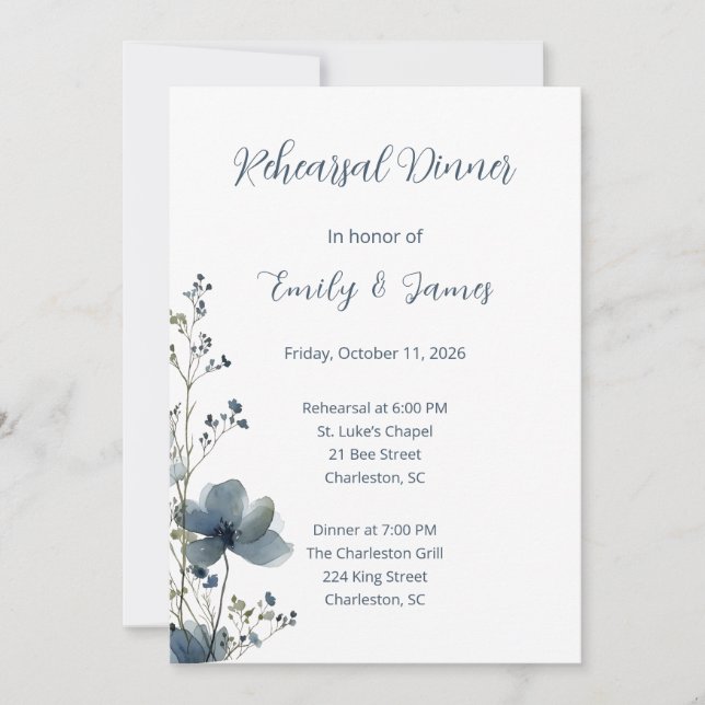 Dusty Blue Botanical Wedding Einladung (Vorderseite)