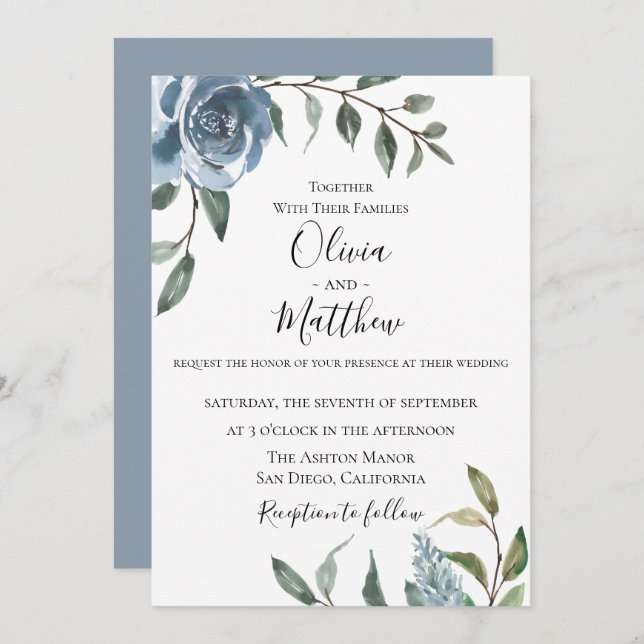 Dusty Blue Botanical Wedding Einladung (Vorne/Hinten)