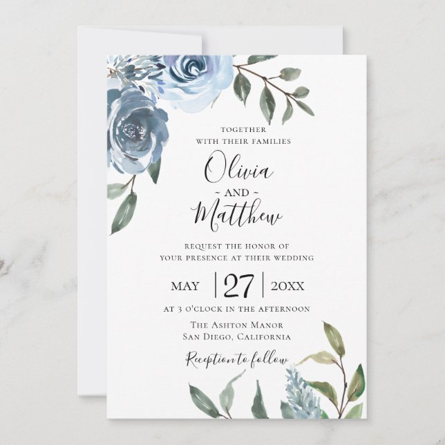Dusty Blue Botanical Wedding Einladung (Vorderseite)