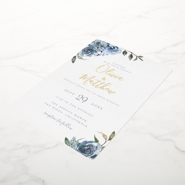 Dusty Blue Botanical Wedding Folieneinladung (Gedreht)