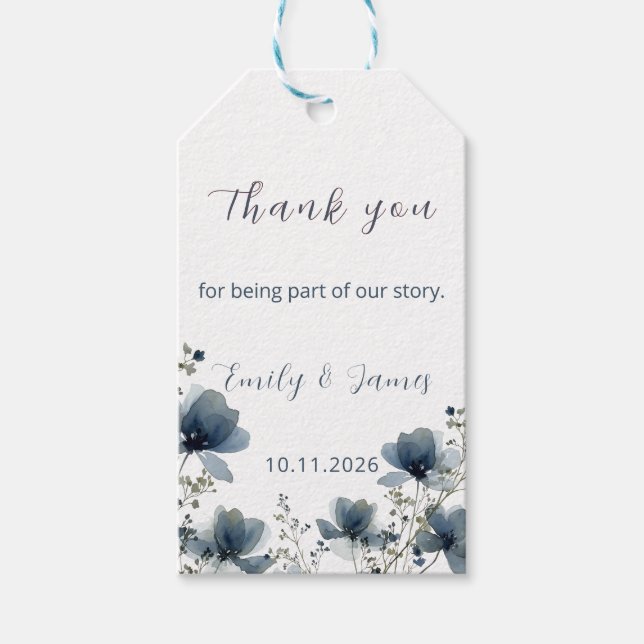 Dusty Blue Botanical Wedding Geschenkanhänger (Vorderseite)