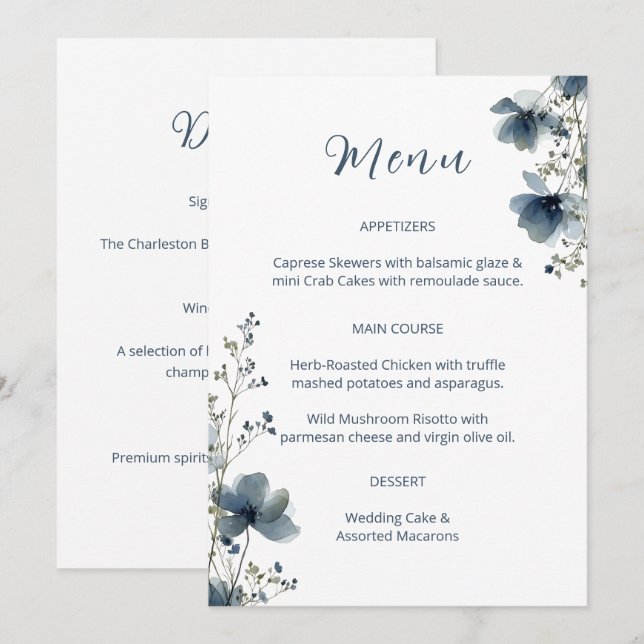 Dusty Blue Botanical Wedding Menükarte (Vorne/Hinten)