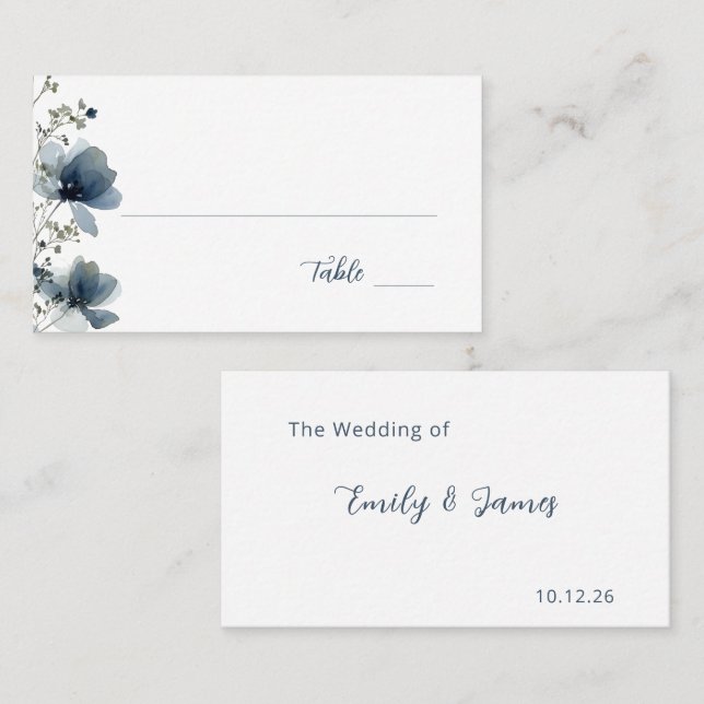 Dusty Blue Botanical Wedding Platzkarte (Vorne/Hinten)