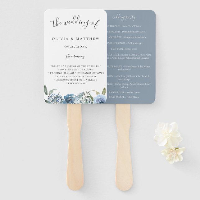Dusty Blue Botanical Wedding Program Hand Fan Fächer (Vorne und Hinten)