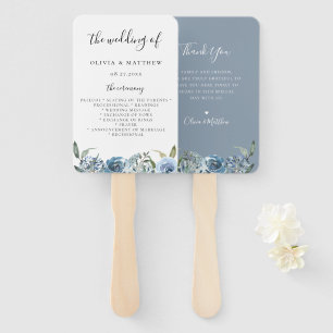 Dusty Blue Botanical Wedding Program Hand Fan Fächer