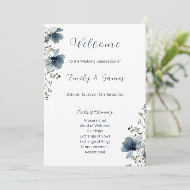 Dusty Blue Botanical Wedding Programm (Stehend Vorderseite)