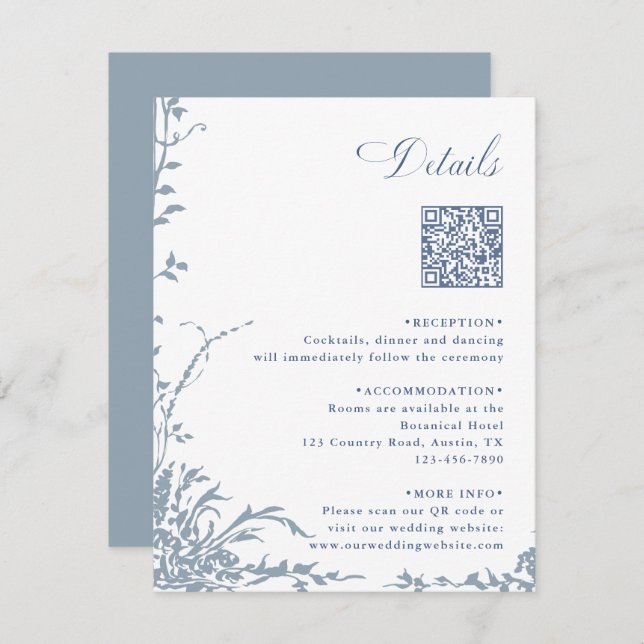 Dusty Blue Botanical Wedding QR Code Details Begleitkarte (Vorne/Hinten)