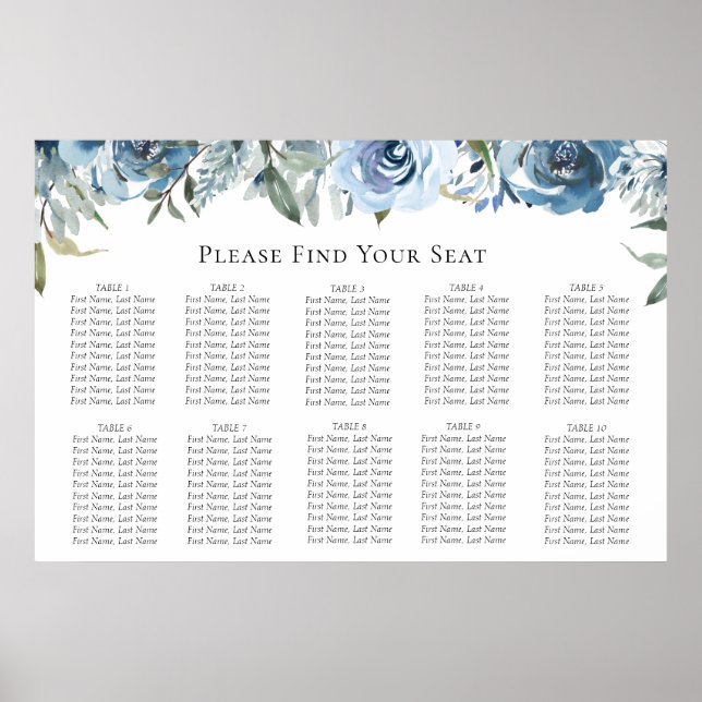 Dusty Blue Botanical Wedding Seating Chart Poster (Vorne)
