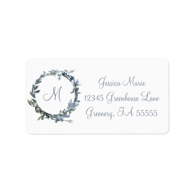 Dusty Blue Botanical Wreath Monogram Adressaufkleber (Vorne)