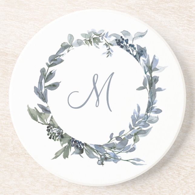 Dusty Blue Botanical Wreath Monogram Getränkeuntersetzer (Vorne)