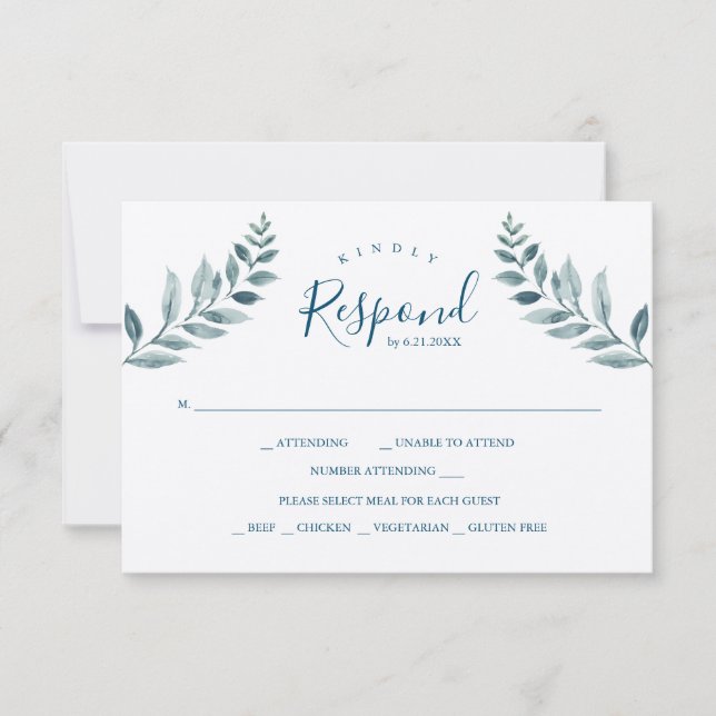 Dusty Blue Botanicals Wedding RSVP Karte (Vorderseite)