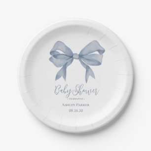 Dusty Blue Bow Boy Baby Shower Pappteller