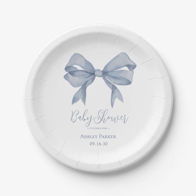 Dusty Blue Bow Boy Baby Shower Pappteller (Vorderseite)