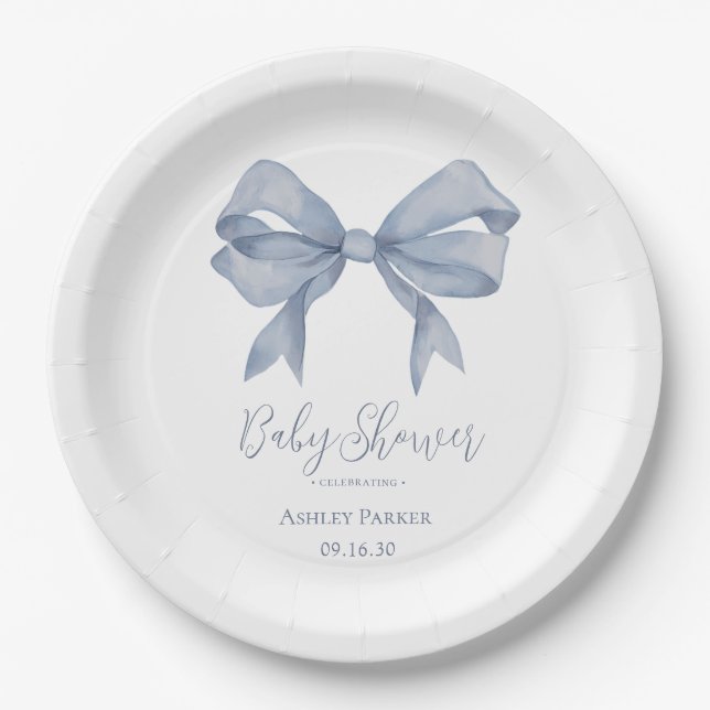 Dusty Blue Bow Boy Baby Shower Pappteller (Vorderseite)