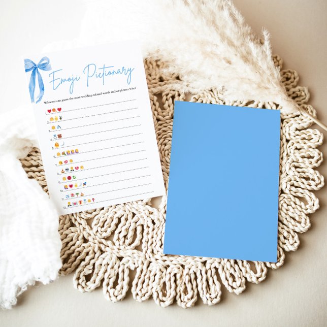 Dusty Blue Bow Brautparty Emoji Pictionary Game Einladung (Modern Watercolor Dusty Blue Bow Bridal Shower Emoji Pictionary Game)