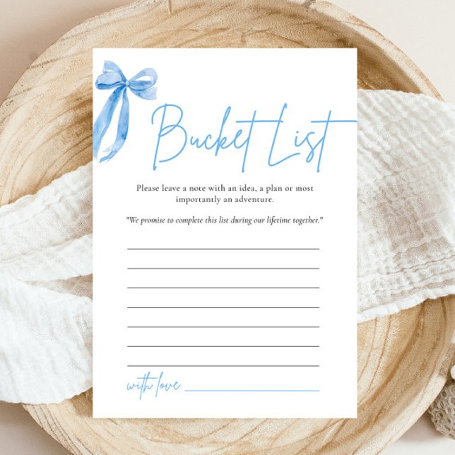 Dusty Blue Bow Bucket List Brautparty Einladung (Modern Watercolor Dusty Blue Bow Bucket List Bridal Shower Game)