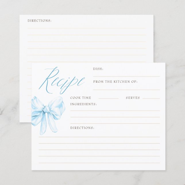 Dusty Blue Bow Elegant Bridal Shower Recipe Cards (Vorne/Hinten)