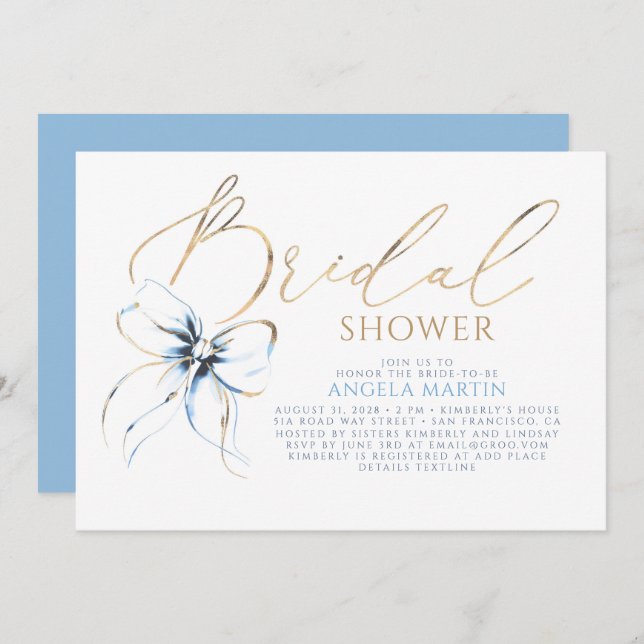 Dusty Blue Bow Elegant Romantic Bridal Shower Einladung (Vorne/Hinten)