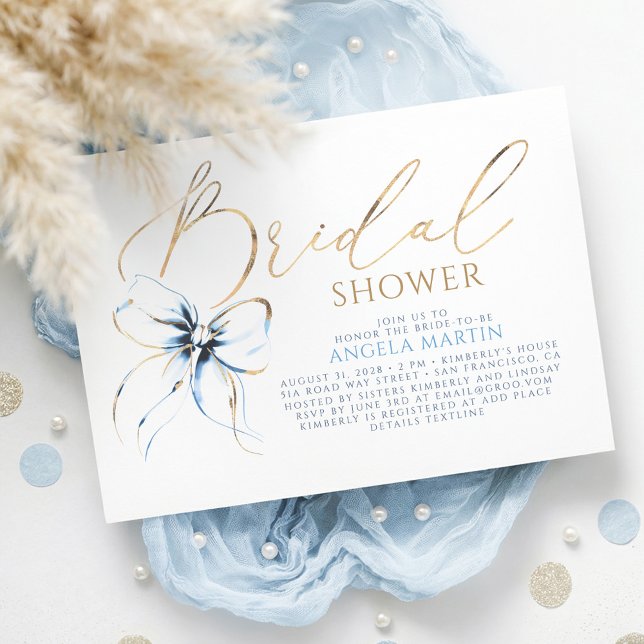 Dusty Blue Bow Elegant Romantic Bridal Shower Einladung (Dusty Blue Bridal Shower Invitation Elegant Romantic Whimsical Chic)